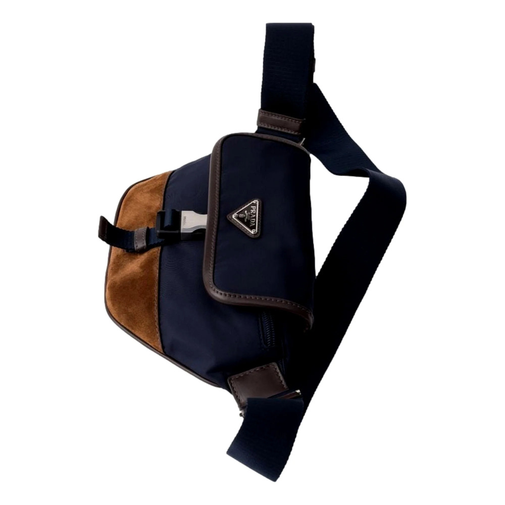 Prada Re-Nylon and Suede Belt Bag in Navy Blue with Brown Suede and Leather